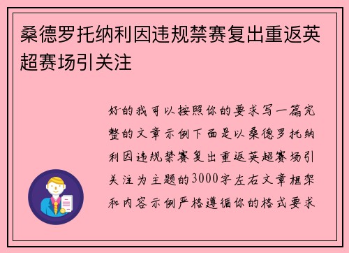 桑德罗托纳利因违规禁赛复出重返英超赛场引关注