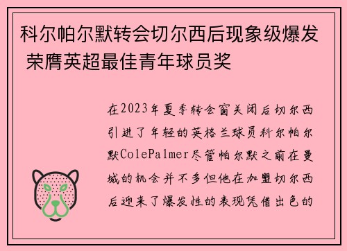 科尔帕尔默转会切尔西后现象级爆发 荣膺英超最佳青年球员奖